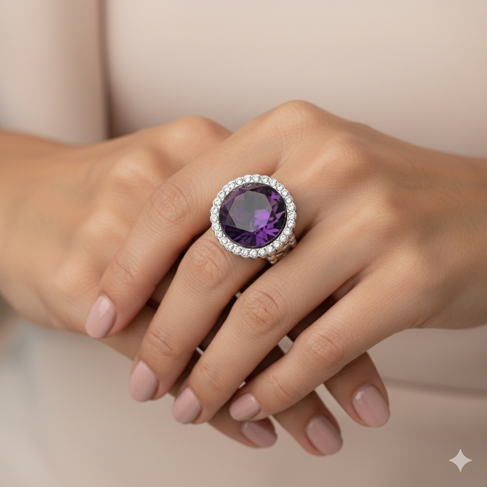 Silver Tone Stretchy Band Large Purple Faceted Stone Halo Ring